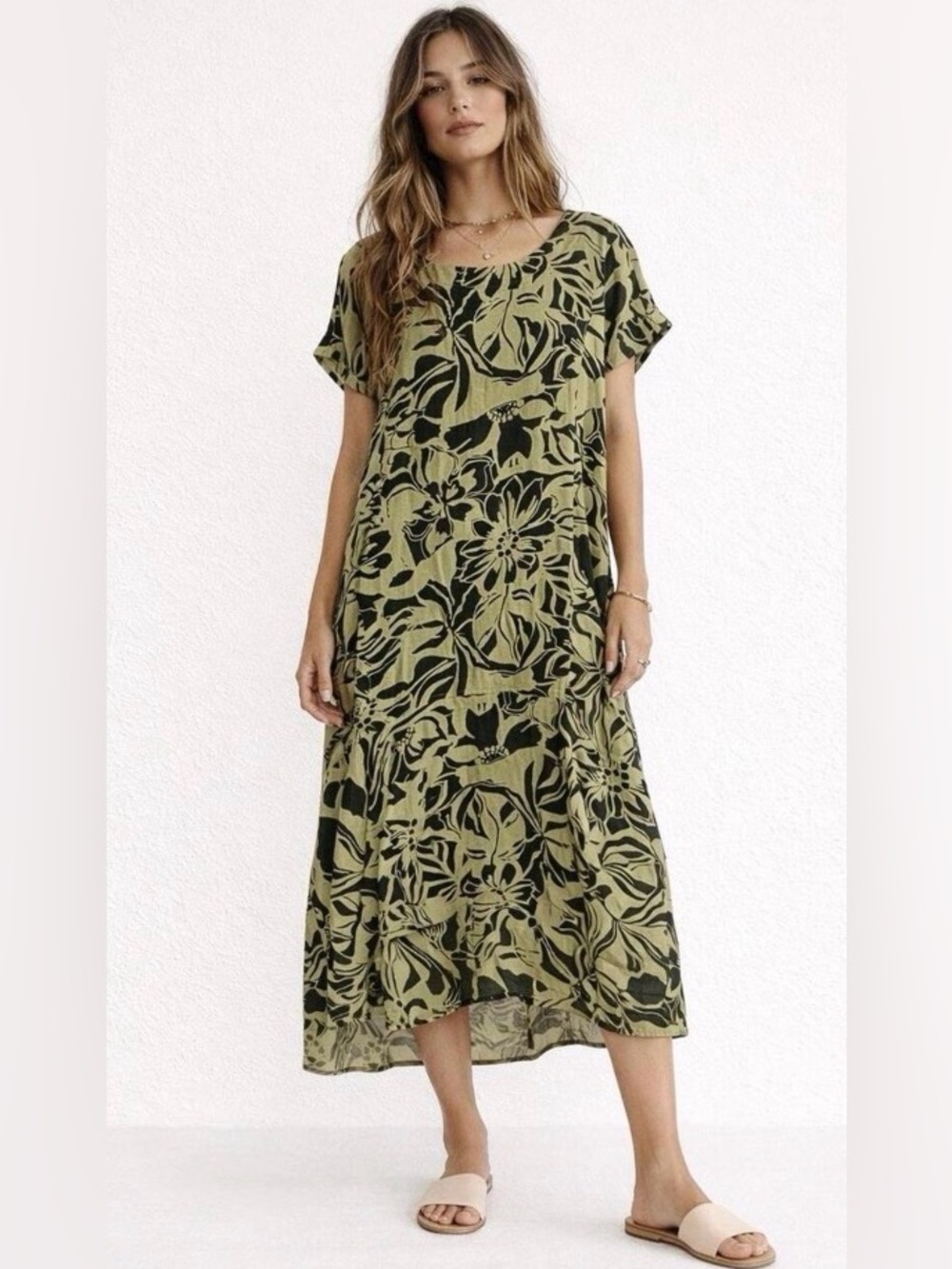Free People Oversized Floral Tiered Flounce Hem Pouch Pocket High-Low Midi Dress